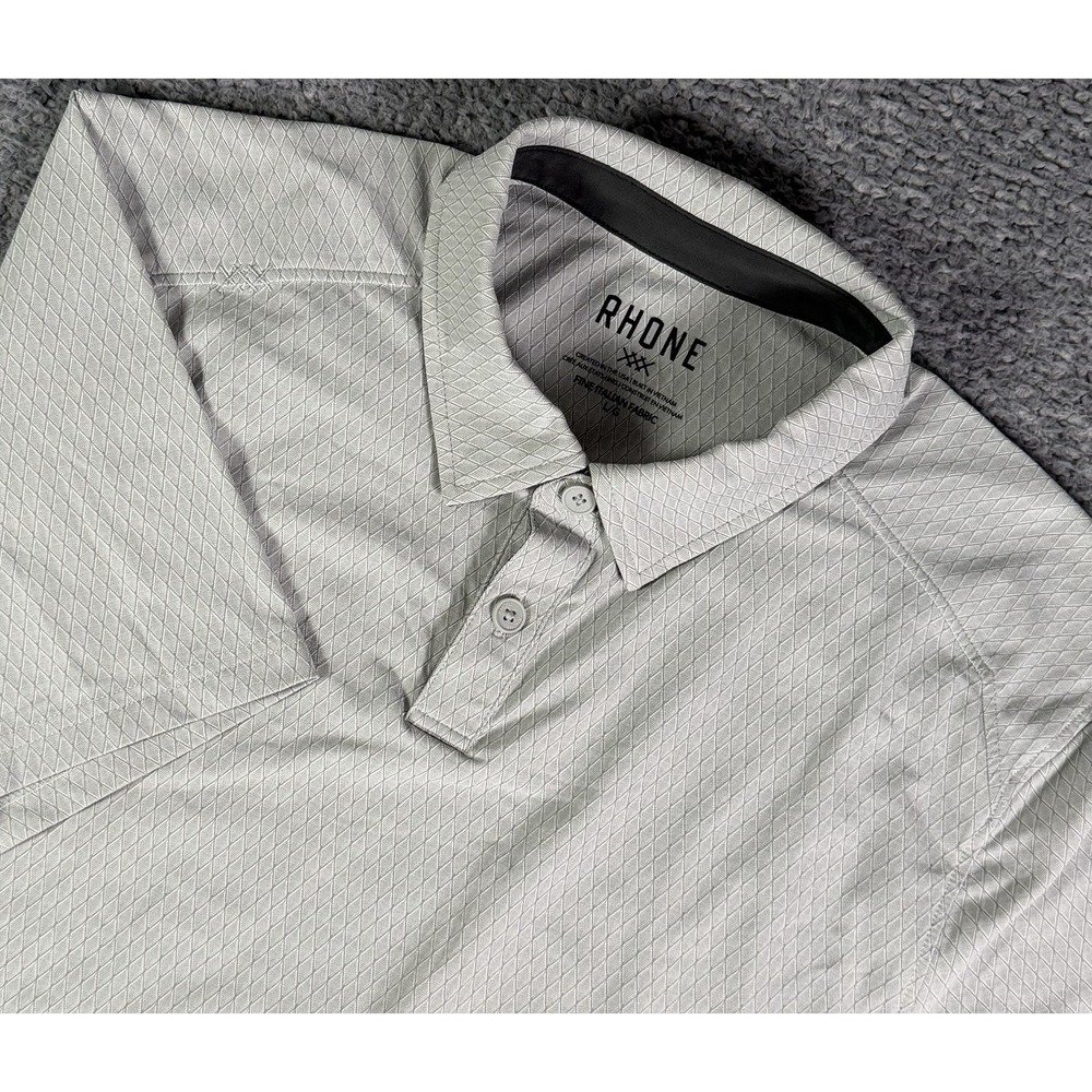 Rhone Mens L Short Sleeve Polo Shirt Fine Italian Fabric Gray Geometric Pattern